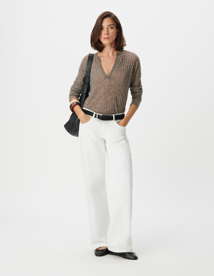 Pull manches longues beige tricot c&ocirc;tes plates Femme-2