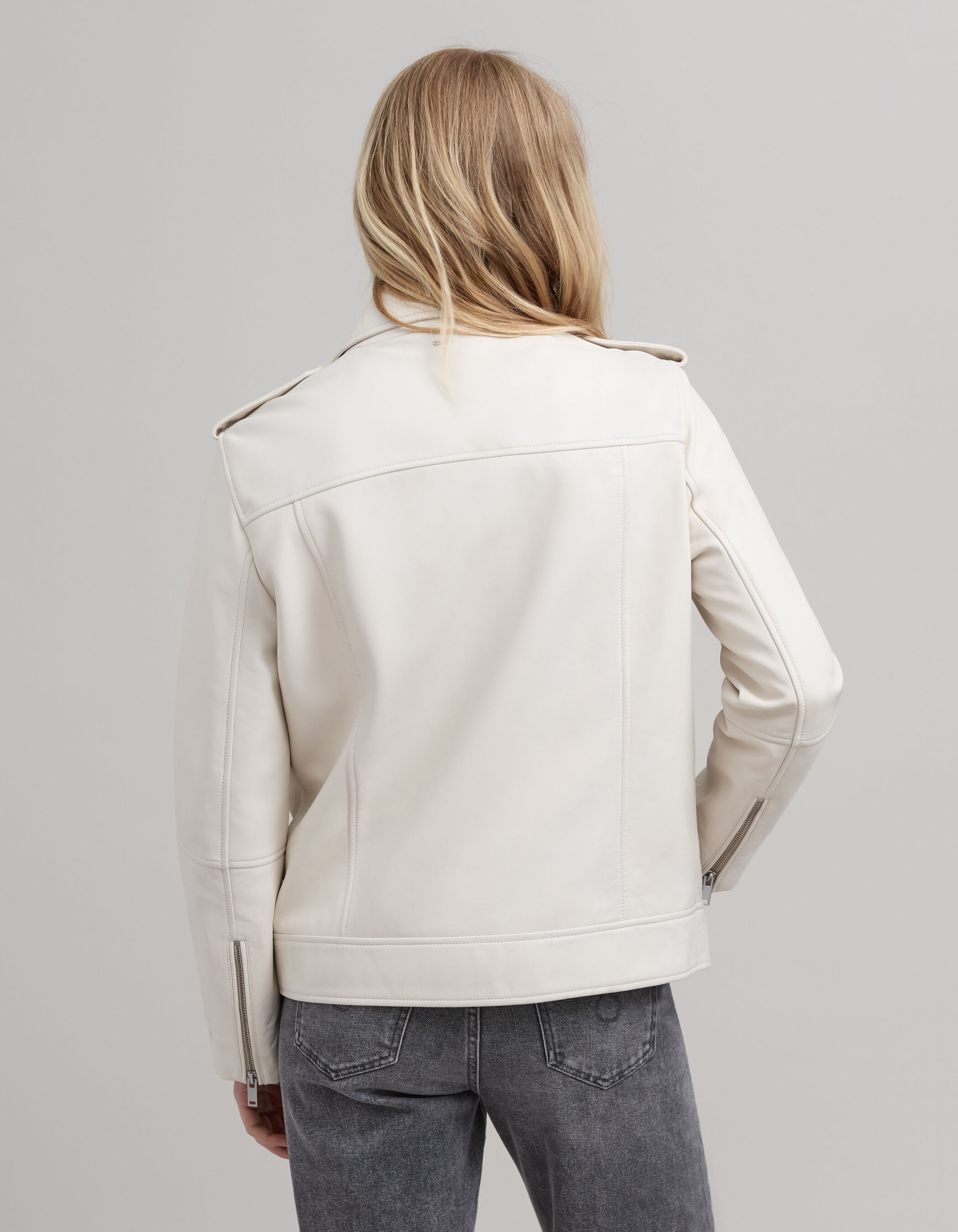 Women's ecru leather biker jacket with zipped pockets IKKS