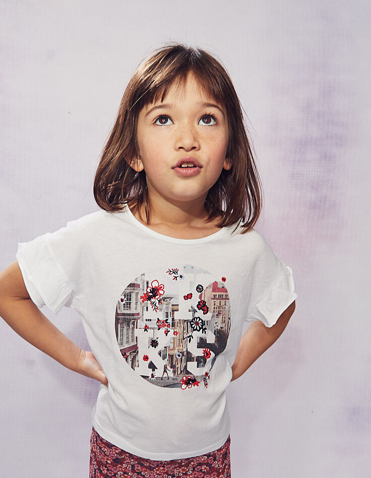 Cremeweißes Cropped Mädchen-T-Shirt mit Stickerei-1