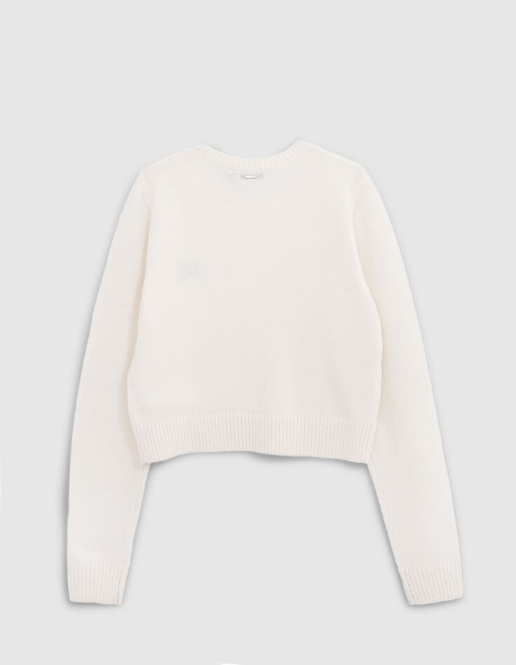 Pull écru tricot cropped broderie message fille-3