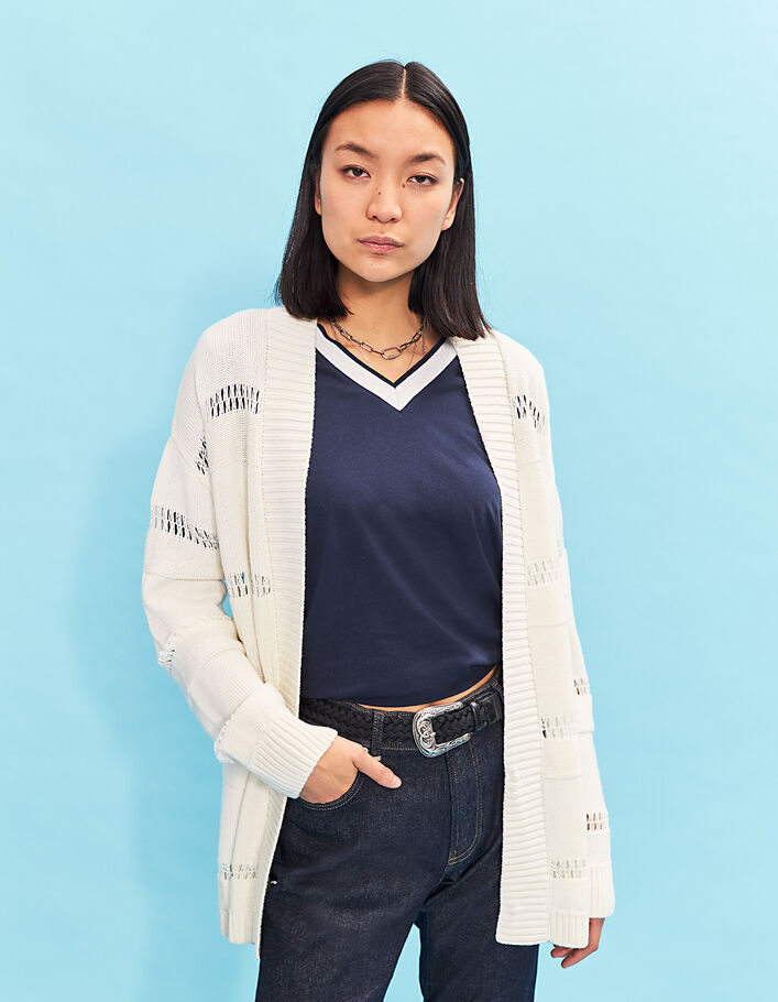Lange Damenstrickjacke mit Streifen aus Fallmaschen-2