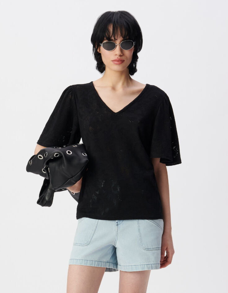 Tee-shirt manches courtes noir ajour&eacute; Femme-2