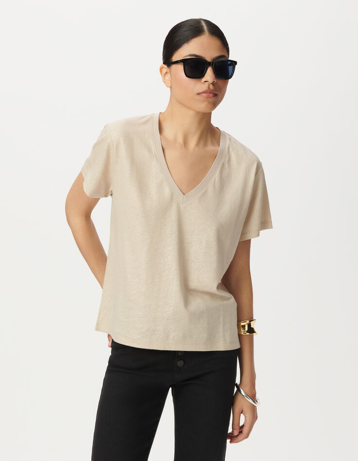 Camiseta manga corta beige irisado acanalada mujer-2