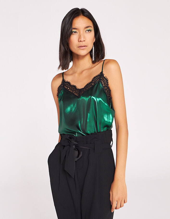 Grünes Metallic-Damenspitzentop mit schmalen Trägern-1