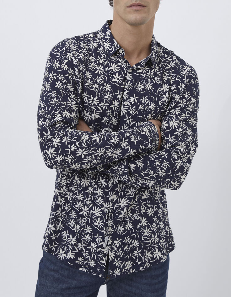 Marineblaues Herrenhemd im SLIM-Fit mit Blumenprint-2