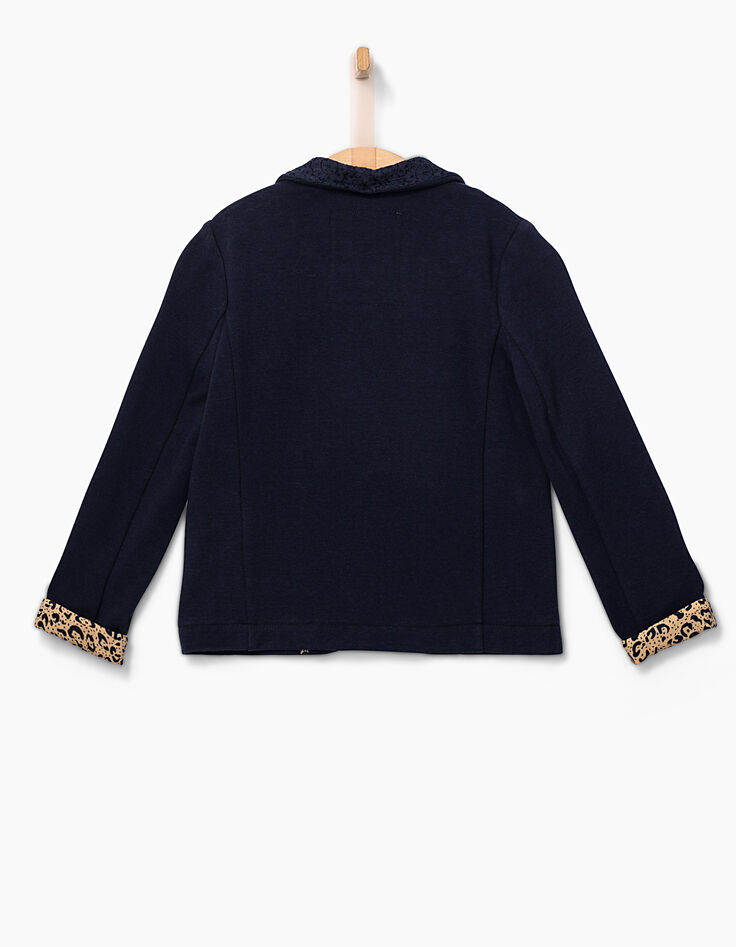Marineblaue Mädchen-Strickjacke mit Spitzenkragen-3