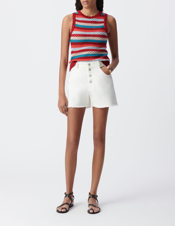 Top rouge tricot ajour&eacute; motif rayures Femme-5