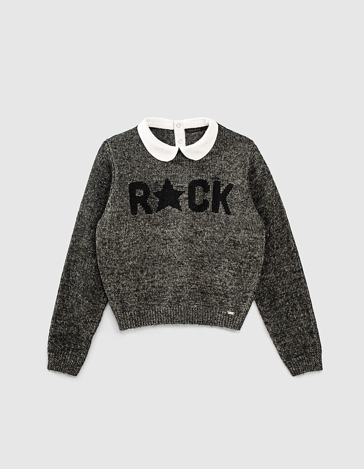 Pull gris anthracite avec col Claudine blanc fille-1