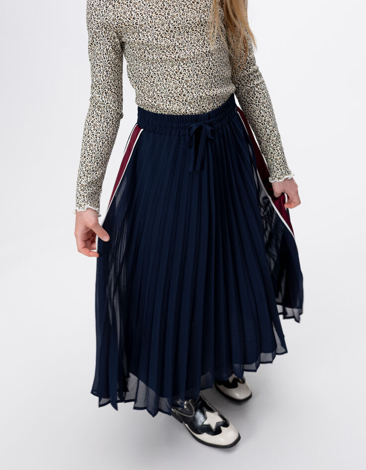 Girls’ navy pleated long skirt with side stripes-3