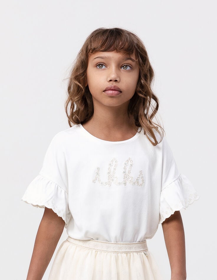 T-shirt écru coton bio brodé IKKS écru fille-3