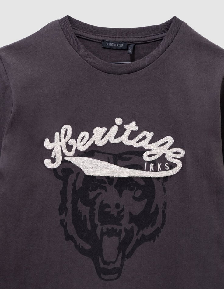 Graues Jungen-T-Shirt gestickter Bär Schriftzug-4