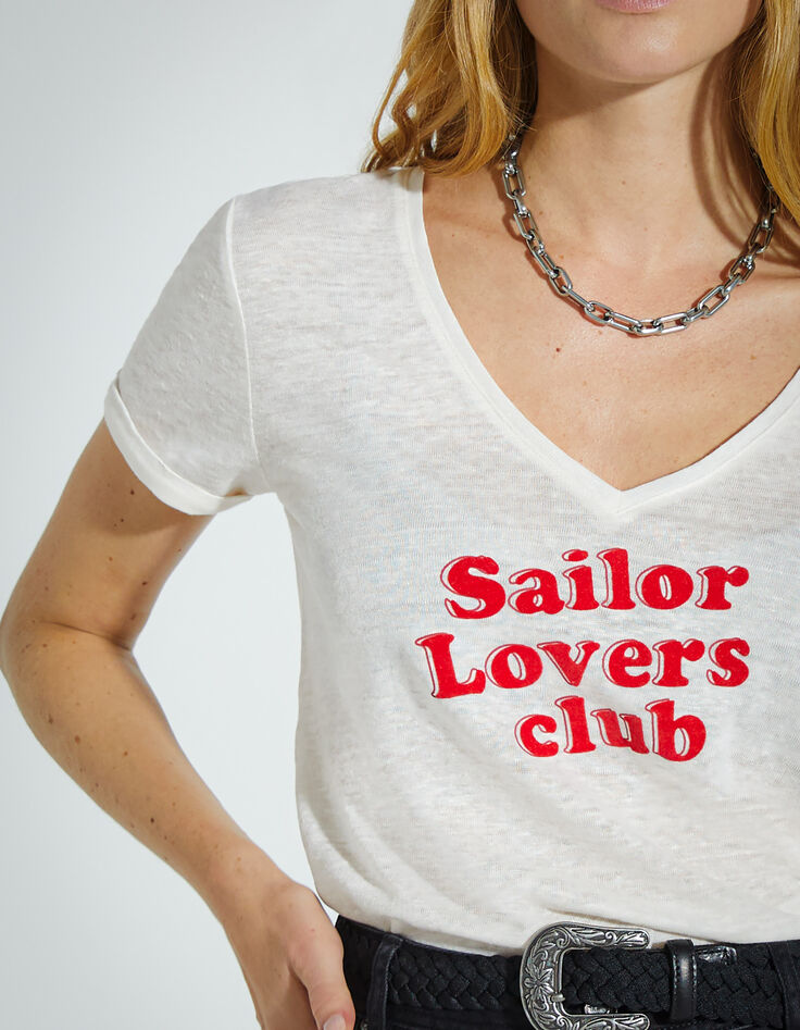Women’s ecru cotton T-shirt with red slogan-3 Women’s ecru cotton T-shirt with red slogan-3