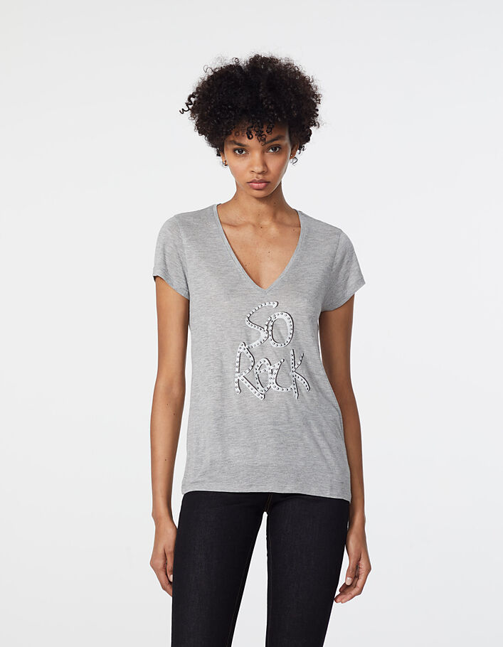Camiseta cuello de pico gris de viscosa visual joyas mujer - IKKS