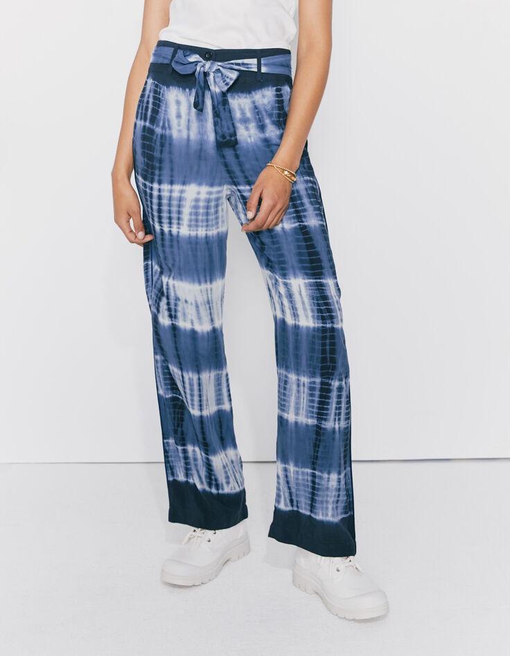 Pantalon en viscose finition tie & dye bleu et blanc femme-5