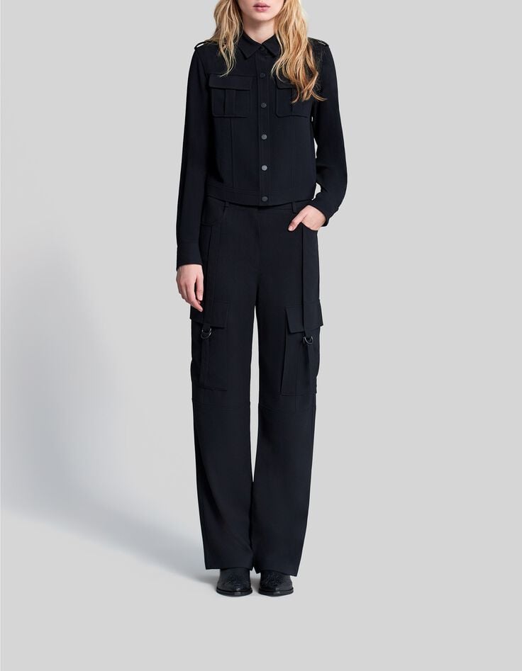 Weite schwarze Damen-Cargohose aus recyceltem Material-1 Weite schwarze Damen-Cargohose aus recyceltem Material-1