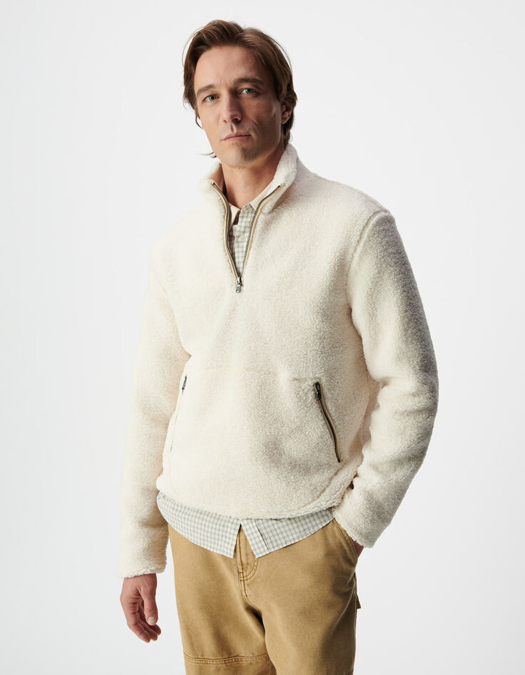 Sweat blanc sherpa col et poches zipp&eacute;es Homme-2