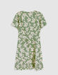 Robe courte vert satin&eacute; imprim&eacute; feuilles Femme-7