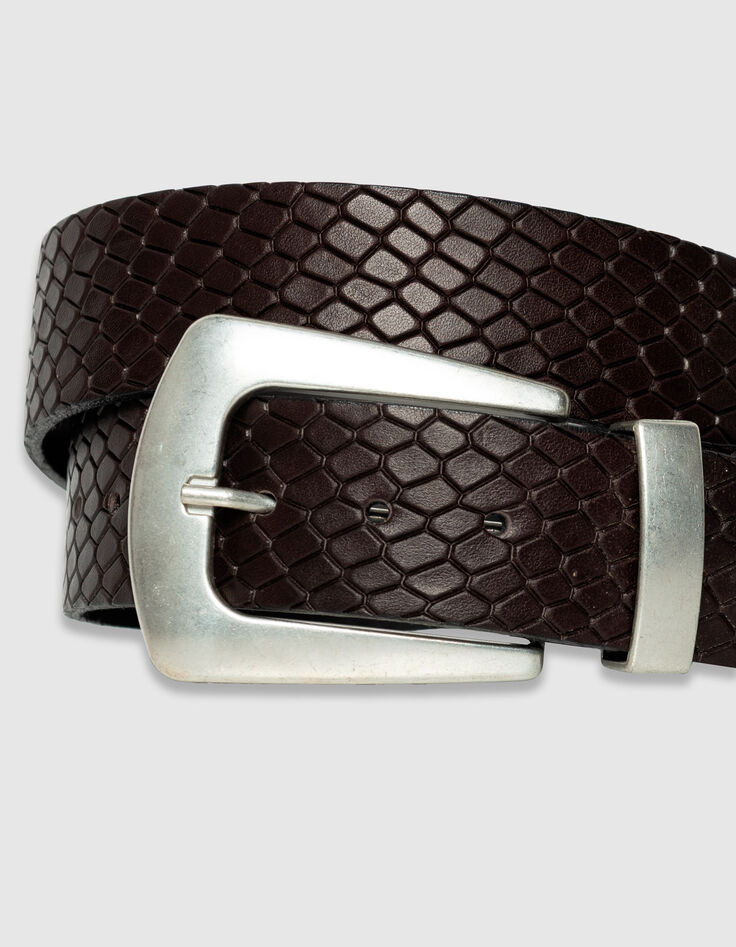 Ceinture large marron cuir embossé effet python Femme-2 Ceinture large marron cuir embossé effet python Femme-2