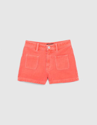 Girls’ red upcycled denim shorts with patch pockets - IKKS