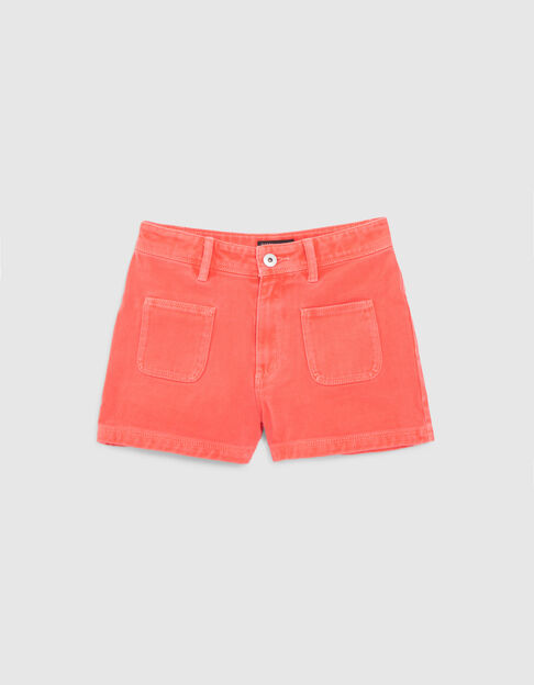 Girls’ red upcycled denim shorts with patch pockets - IKKS