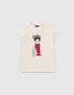 Cremewei&szlig;es M&auml;dchen-T-Shirt mit Katze in Kleid-1