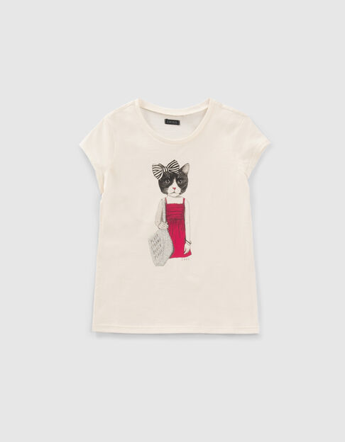 Ecru T-shirt opdruk poes in roze jurk meisjes