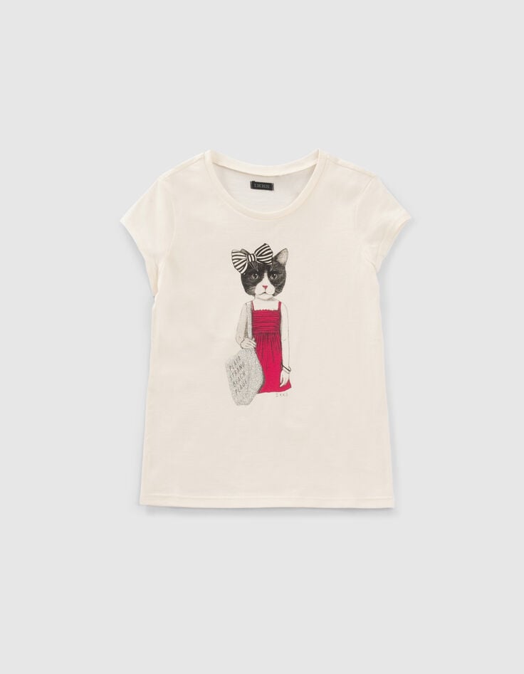 Cremewei&szlig;es M&auml;dchen-T-Shirt mit Katze in Kleid-1