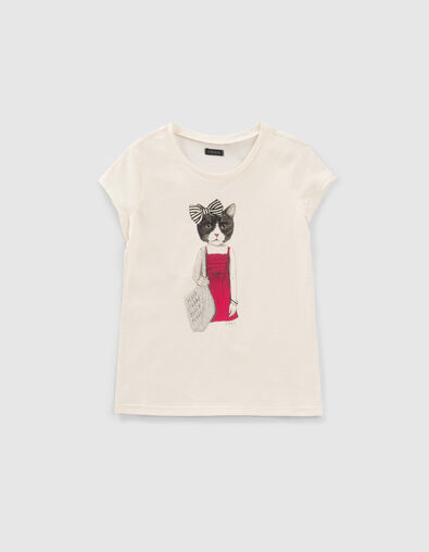 Girls’ ecru T-shirt with cat in a pink dress - IKKS