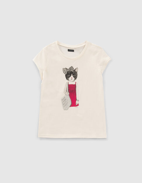 Girls’ ecru T-shirt with cat in a pink dress
