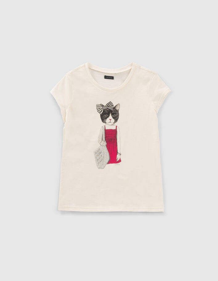 Girls’ ecru T-shirt with cat in a pink dress - IKKS