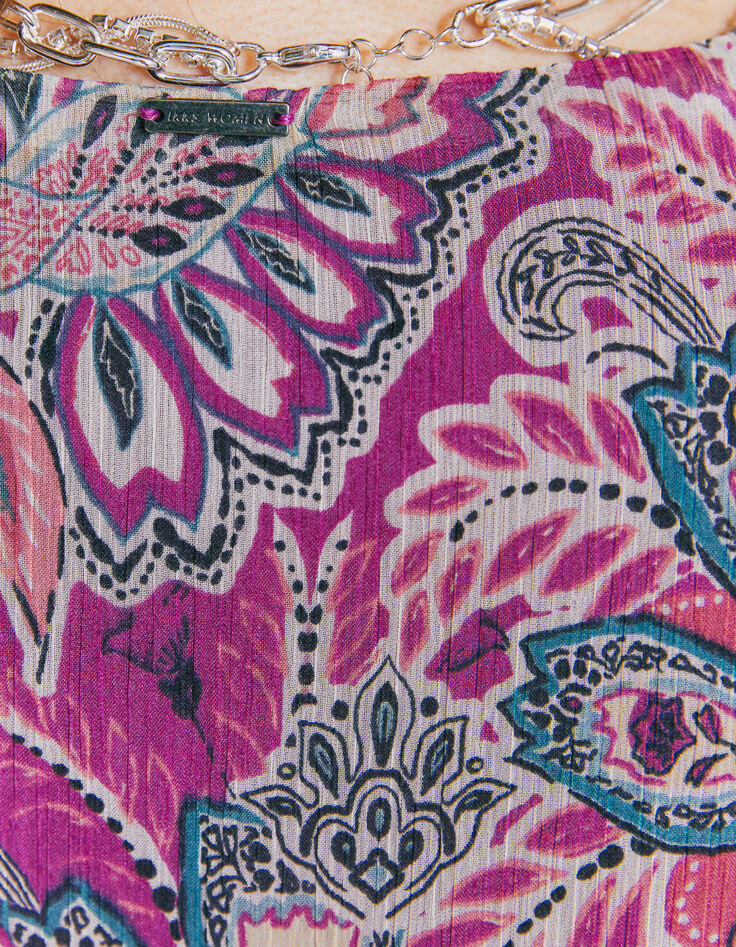 Robe courte en voile fuchsia imprimé bandana floral femme-5