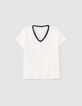 Ecru T-shirt gestreepte marine ribboord Dames-4