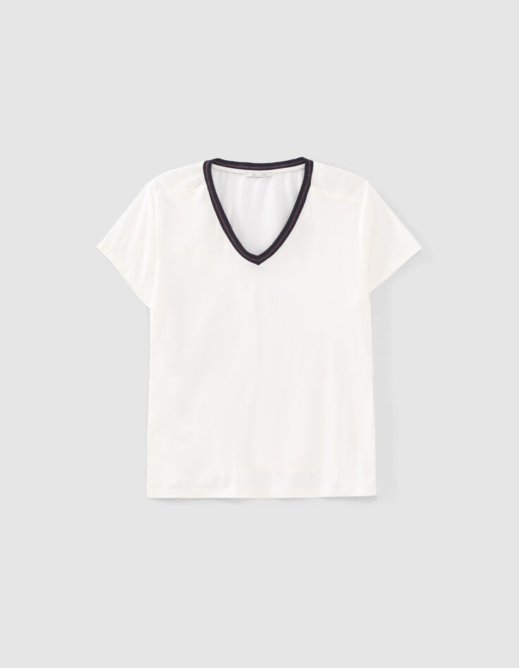 Ecru T-shirt gestreepte marine ribboord Dames-4 Ecru T-shirt gestreepte marine ribboord Dames-4