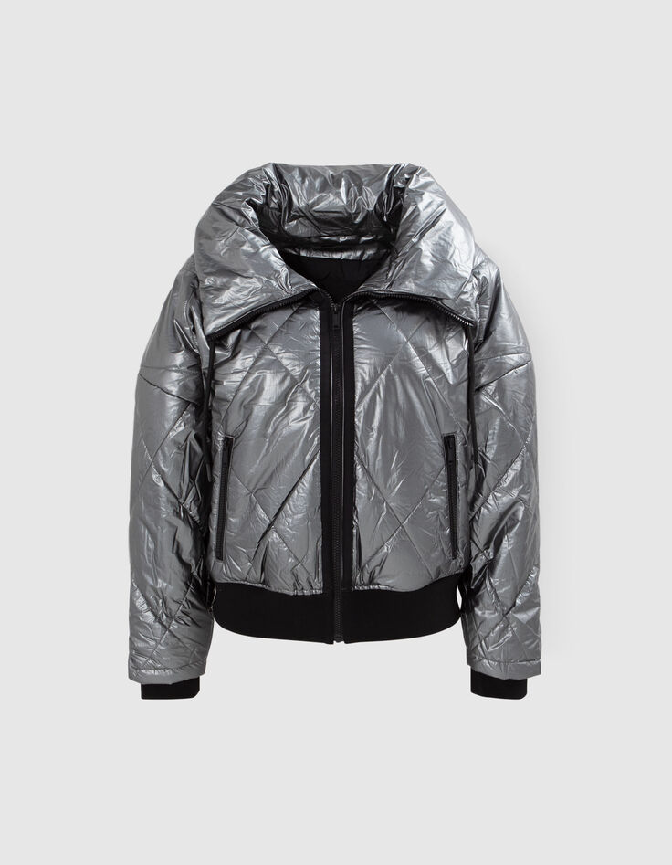 Kurze, schwarze Damensteppjacke mit verdeckter Kapuze-8