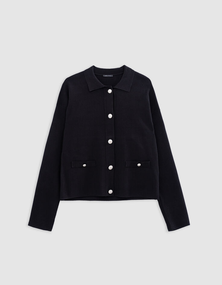 Cardigan noir loose tricot boutons métal gravé Femme-5