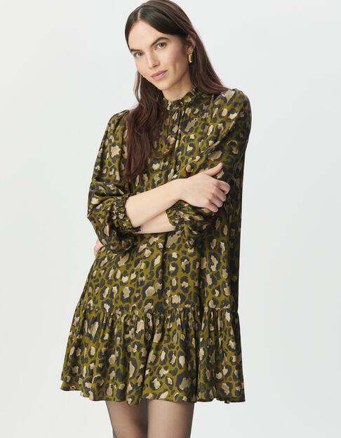 Khaki weites Damenkleid mit Leo-Fleckenprint - IKKS