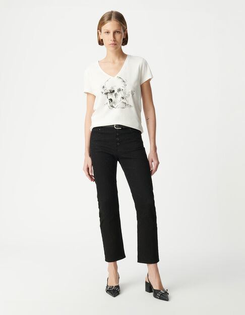Women's cropped straight black jeans with black rhinestone embellishments - IKKS