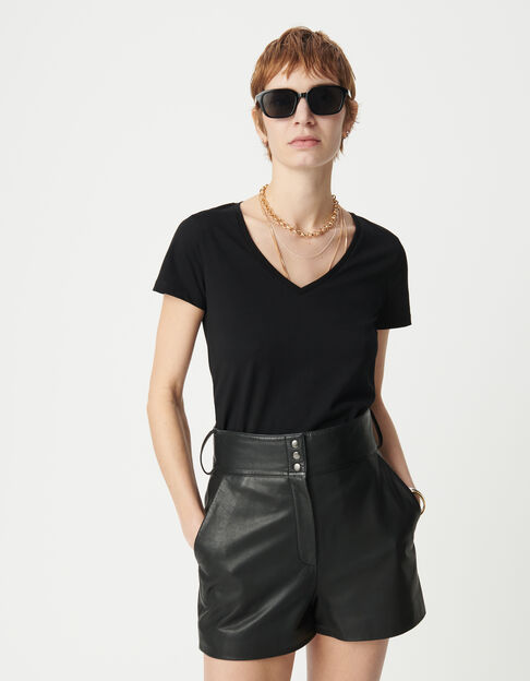 Tee-shirt noir encolure V broderie chevrons dos Femme - IKKS