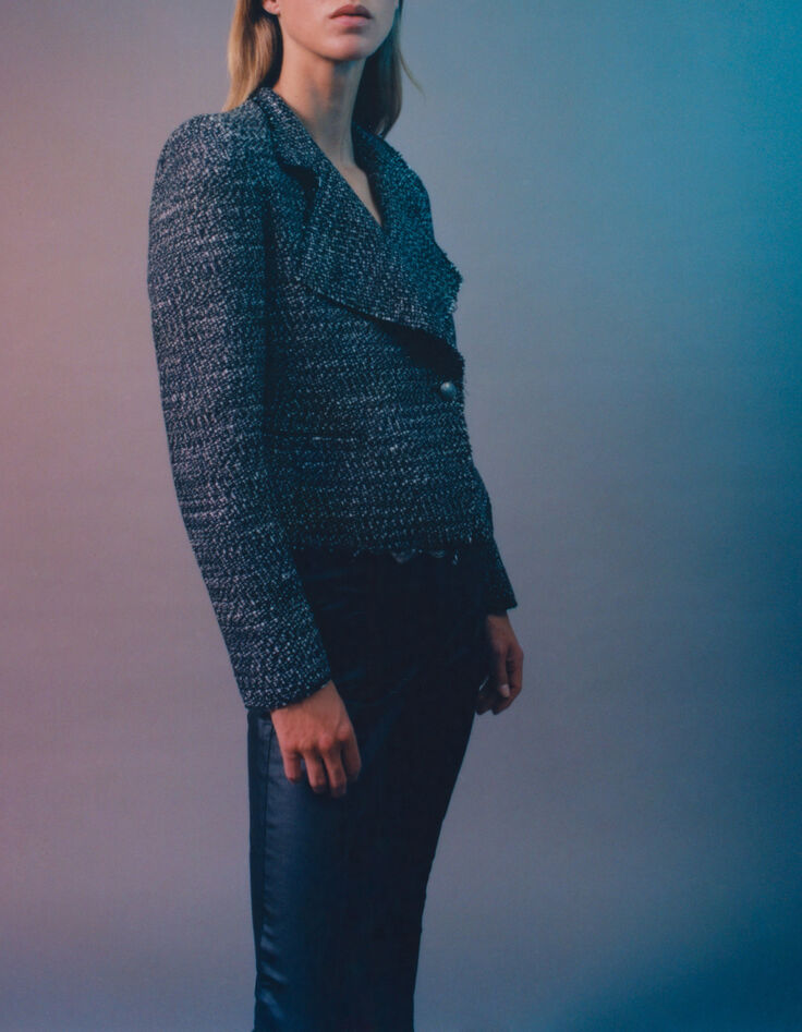 Women’s black tweed-look biker-style jacket-1