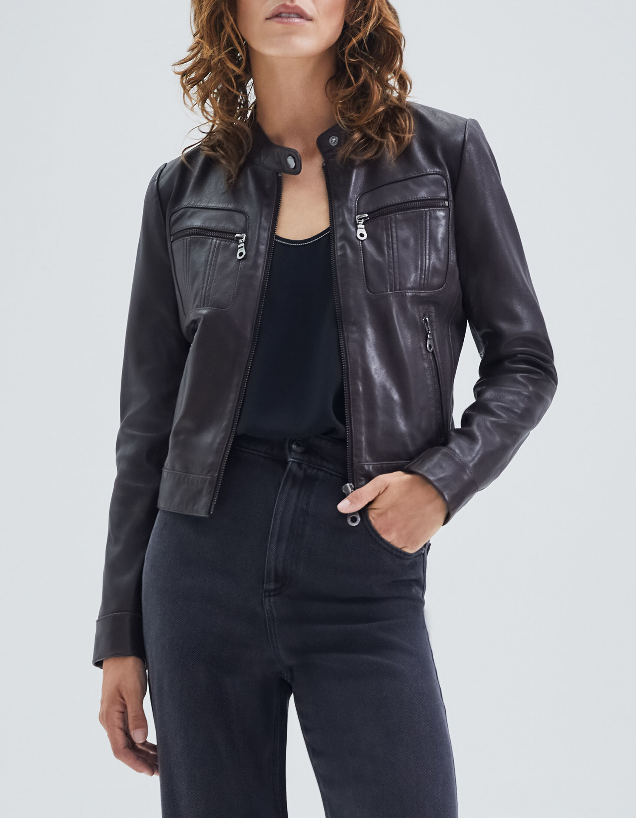 Veste chocolat en cuir poches zipp es Femme