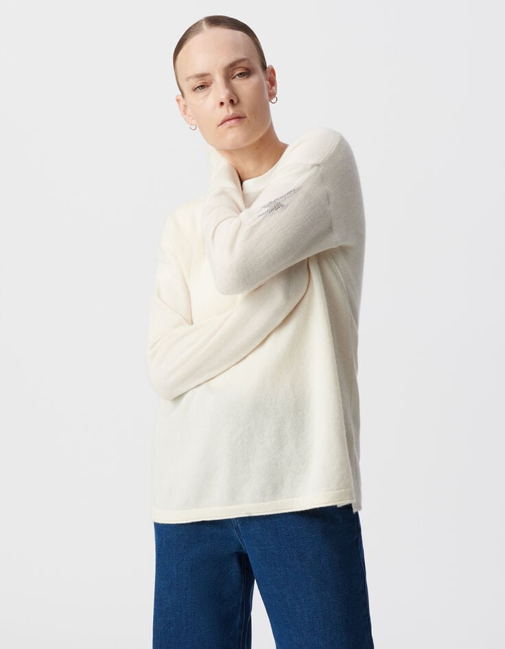 Women’s ecru pure cashmere knit V-neck sweater-2