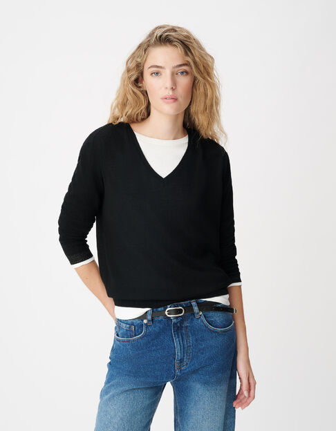 Pull encolure V noir 100% laine Femme - IKKS