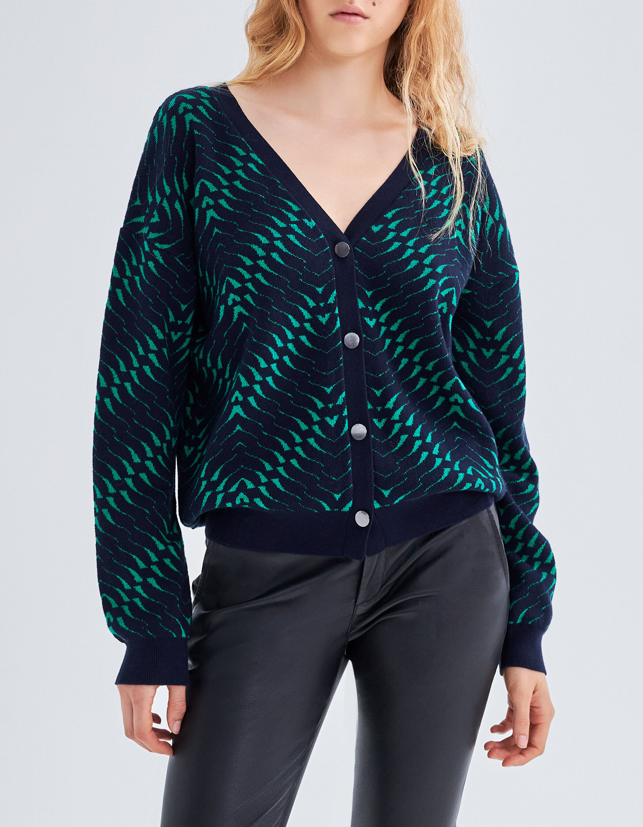 Women s navy geometric motif jacquard knit cardigan