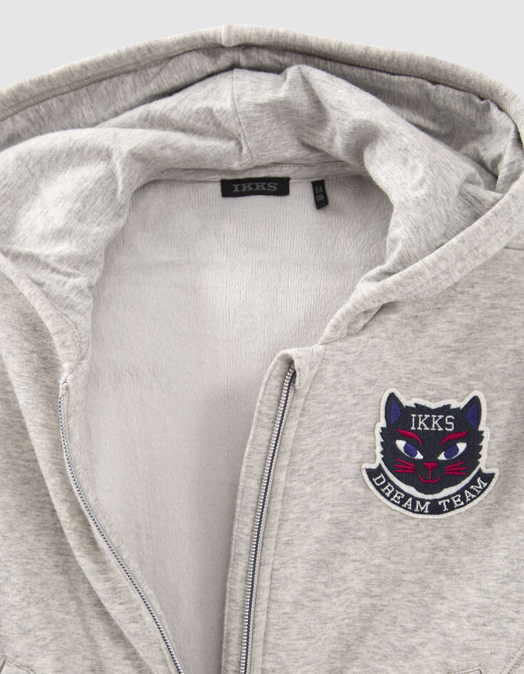 Grijs vest met rits, kap en badge poes meisjes-5