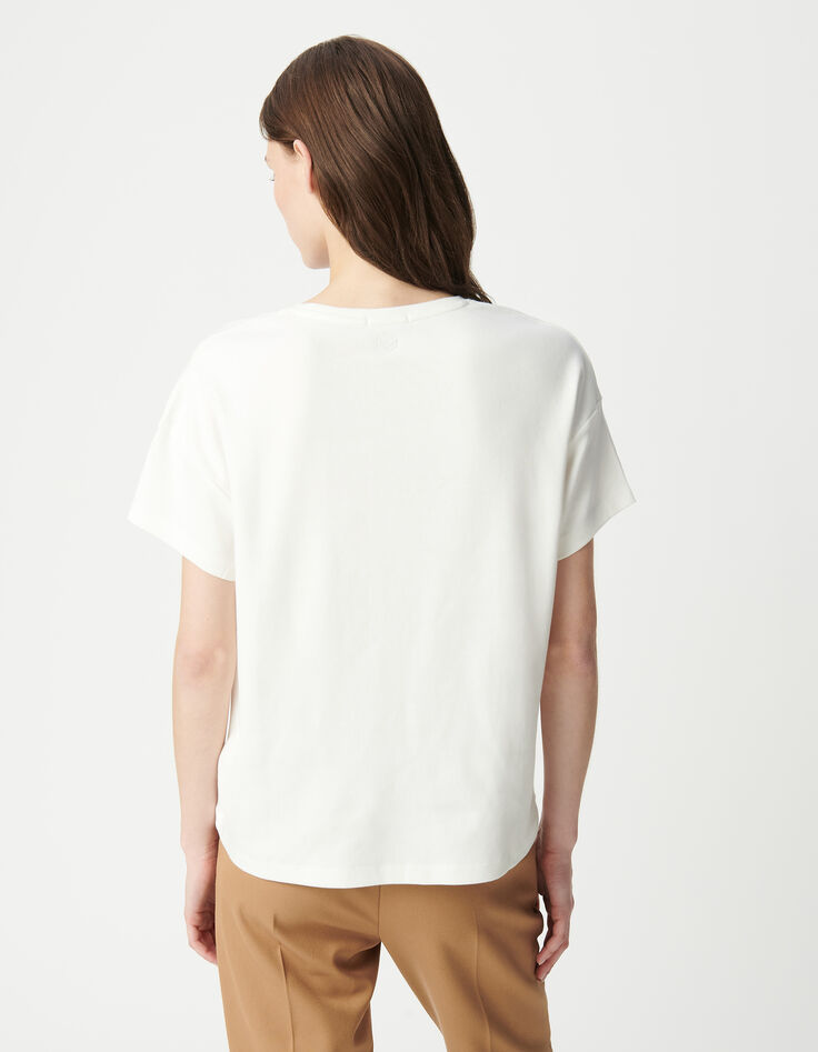 Weißes Damen-T-Shirt mit Rundhalsausschnitt und Fischgrätenstickerei-4