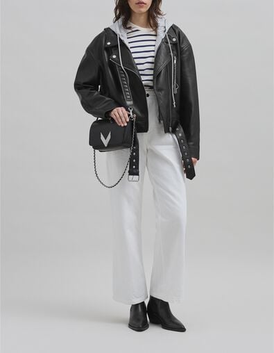 Veste cuir noir esprit motard chevrons clous Femme - IKKS