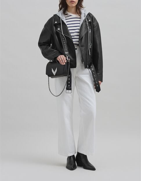 Veste cuir noir esprit motard chevrons clous Femme Veste cuir noir esprit motard chevrons clous Femme - IKKS