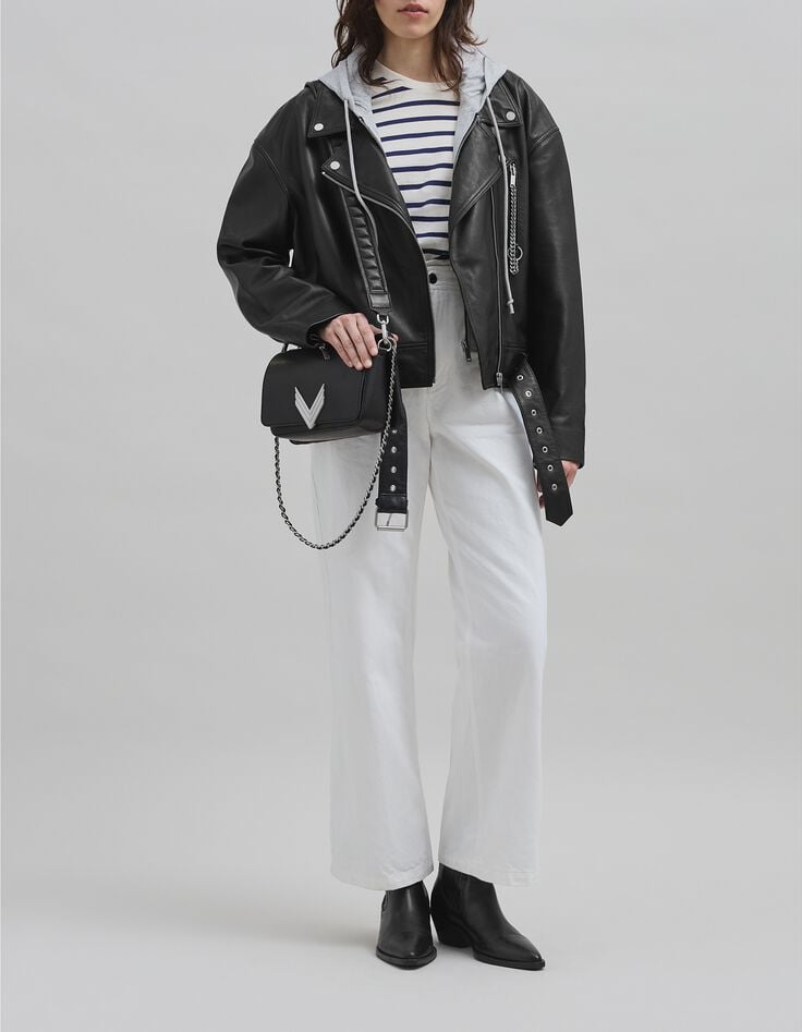 Veste cuir noir esprit motard chevrons clous Femme-1 Veste cuir noir esprit motard chevrons clous Femme-1