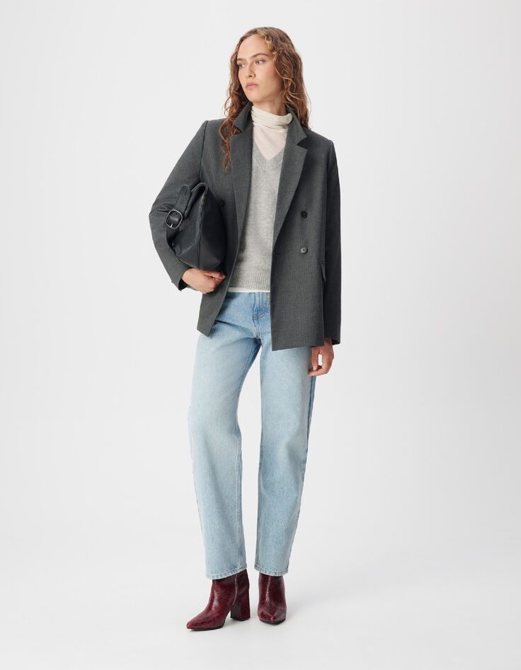 Veste de tailleur grise motif fines rayures Femme-5