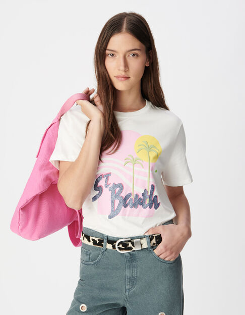 Camiseta blanca algod&oacute;n org&aacute;nico visual palmeras y sol Mujer - IKKS